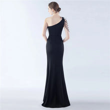 Load image into Gallery viewer, Nikki One Shoulder Satin Feather Slit Maxi Dress
