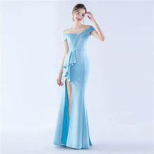 Load image into Gallery viewer, Avery Kendall Satin Off Shoulder Slit Maxi Dress
