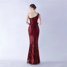 Load image into Gallery viewer, Gabriella Anna Sequin Feather One Shoulder Mermaid Slit Maxi Dress
