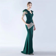 Load image into Gallery viewer, Sarah Eva Satin Beaded Slit Maxi Dress
