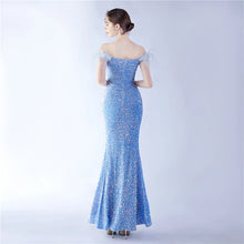 Load image into Gallery viewer, Brynlee Sequin Feather Off Shoulder Mermaid Slit Maxi Dress
