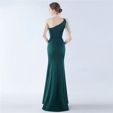 Load image into Gallery viewer, Nikki One Shoulder Satin Feather Slit Maxi Dress
