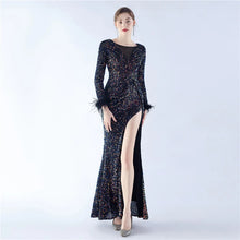 Load image into Gallery viewer, Heidi Bre Sequin Feather Long Sleeve Slit Maxi Dress
