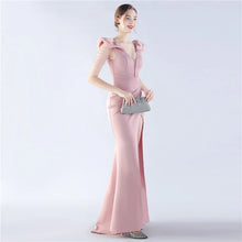 Load image into Gallery viewer, Sarah Eva Satin Beaded Slit Maxi Dress
