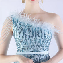 Load image into Gallery viewer, Gabriella Anna Sequin Feather One Shoulder Mermaid Slit Maxi Dress
