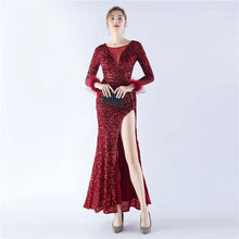 Load image into Gallery viewer, Heidi Bre Sequin Feather Long Sleeve Slit Maxi Dress
