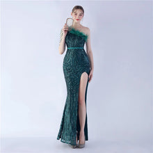 Load image into Gallery viewer, Gabriella Anna Sequin Feather One Shoulder Mermaid Slit Maxi Dress
