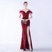 Load image into Gallery viewer, Alyce Leah Sequin Feather Mermaid Slit Maxi Dress
