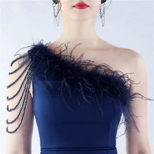 Load image into Gallery viewer, Nikki One Shoulder Satin Feather Slit Maxi Dress
