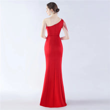 Load image into Gallery viewer, Nikki One Shoulder Satin Feather Slit Maxi Dress
