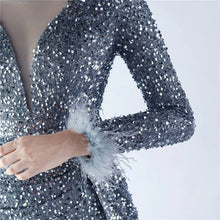 Load image into Gallery viewer, Heidi Bre Sequin Feather Long Sleeve Slit Maxi Dress
