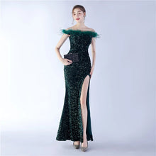 Load image into Gallery viewer, Brynlee Sequin Feather Off Shoulder Mermaid Slit Maxi Dress
