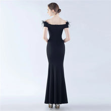 Load image into Gallery viewer, Hannah Shannon Satin Feather Off Shoulder Fishtail Slit Maxi Dress
