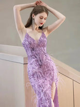 Load image into Gallery viewer, Everleigh Sequin Feather Slit Maxi Dress
