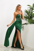 Load image into Gallery viewer, Kera Eve Satin Strapless Slit Maxi Dress
