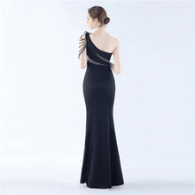 Load image into Gallery viewer, Larsa Satin Feather One Shoulder Slit Maxi Dress
