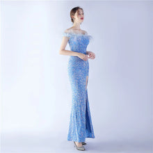 Load image into Gallery viewer, Brynlee Sequin Feather Off Shoulder Mermaid Slit Maxi Dress
