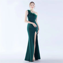 Load image into Gallery viewer, Caroline Allison Feather One Shoulder Slit Maxi Dress
