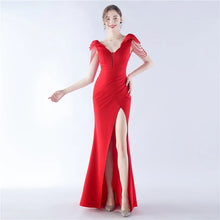 Load image into Gallery viewer, Sarah Eva Satin Beaded Slit Maxi Dress
