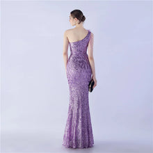 Load image into Gallery viewer, Gabriella Anna Sequin Feather One Shoulder Mermaid Slit Maxi Dress
