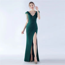 Load image into Gallery viewer, Sarah Eva Satin Beaded Slit Maxi Dress
