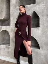 Load image into Gallery viewer, Bessie Turtleneck Long Sleeve Slit Midi Dress
