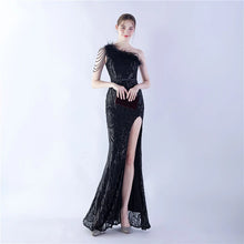 Load image into Gallery viewer, Gabriella Anna Sequin Feather One Shoulder Mermaid Slit Maxi Dress
