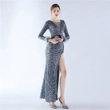 Load image into Gallery viewer, Heidi Bre Sequin Feather Long Sleeve Slit Maxi Dress
