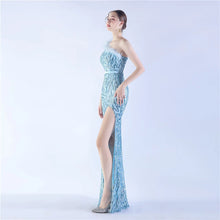 Load image into Gallery viewer, Gabriella Anna Sequin Feather One Shoulder Mermaid Slit Maxi Dress
