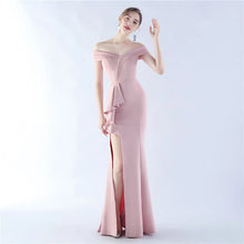 Load image into Gallery viewer, Avery Kendall Satin Off Shoulder Slit Maxi Dress
