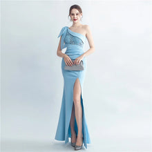 Load image into Gallery viewer, Octavia Tay Satin One Shoulder Slit Maxi Dress
