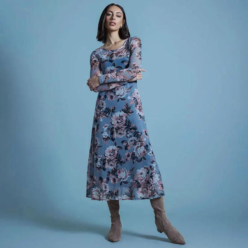 Mila Floral Mesh Long Sleeve Maxi Dress