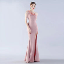 Load image into Gallery viewer, Nikki One Shoulder Satin Feather Slit Maxi Dress
