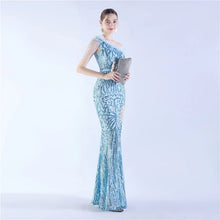 Load image into Gallery viewer, Gabriella Anna Sequin Feather One Shoulder Mermaid Slit Maxi Dress
