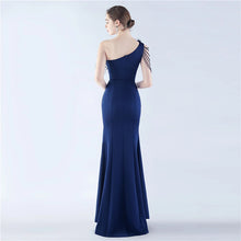 Load image into Gallery viewer, Nikki One Shoulder Satin Feather Slit Maxi Dress
