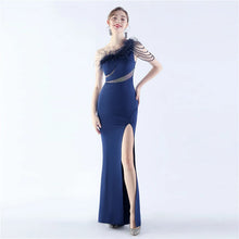 Load image into Gallery viewer, Larsa Satin Feather One Shoulder Slit Maxi Dress
