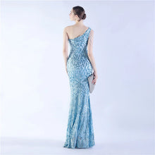 Load image into Gallery viewer, Gabriella Anna Sequin Feather One Shoulder Mermaid Slit Maxi Dress
