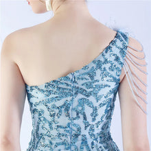 Load image into Gallery viewer, Gabriella Anna Sequin Feather One Shoulder Mermaid Slit Maxi Dress
