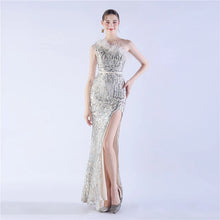 Load image into Gallery viewer, Gabriella Anna Sequin Feather One Shoulder Mermaid Slit Maxi Dress
