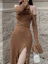 Load image into Gallery viewer, Ruth Halter Long Flare Sleeve High Slit Maxi Dress
