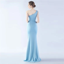 Load image into Gallery viewer, Nikki One Shoulder Satin Feather Slit Maxi Dress
