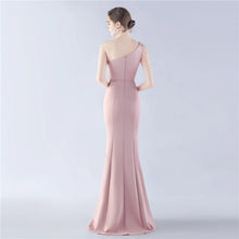 Load image into Gallery viewer, Nikki One Shoulder Satin Feather Slit Maxi Dress
