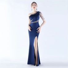 Load image into Gallery viewer, Larsa Satin Feather One Shoulder Slit Maxi Dress
