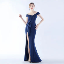 Load image into Gallery viewer, Avery Kendall Satin Off Shoulder Slit Maxi Dress
