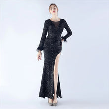 Load image into Gallery viewer, Heidi Bre Sequin Feather Long Sleeve Slit Maxi Dress
