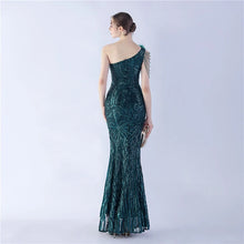 Load image into Gallery viewer, Gabriella Anna Sequin Feather One Shoulder Mermaid Slit Maxi Dress
