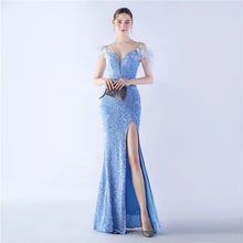 Load image into Gallery viewer, Alyce Leah Sequin Feather Mermaid Slit Maxi Dress
