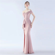 Load image into Gallery viewer, Avery Kendall Satin Off Shoulder Slit Maxi Dress
