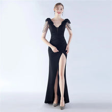 Load image into Gallery viewer, Sarah Eva Satin Beaded Slit Maxi Dress
