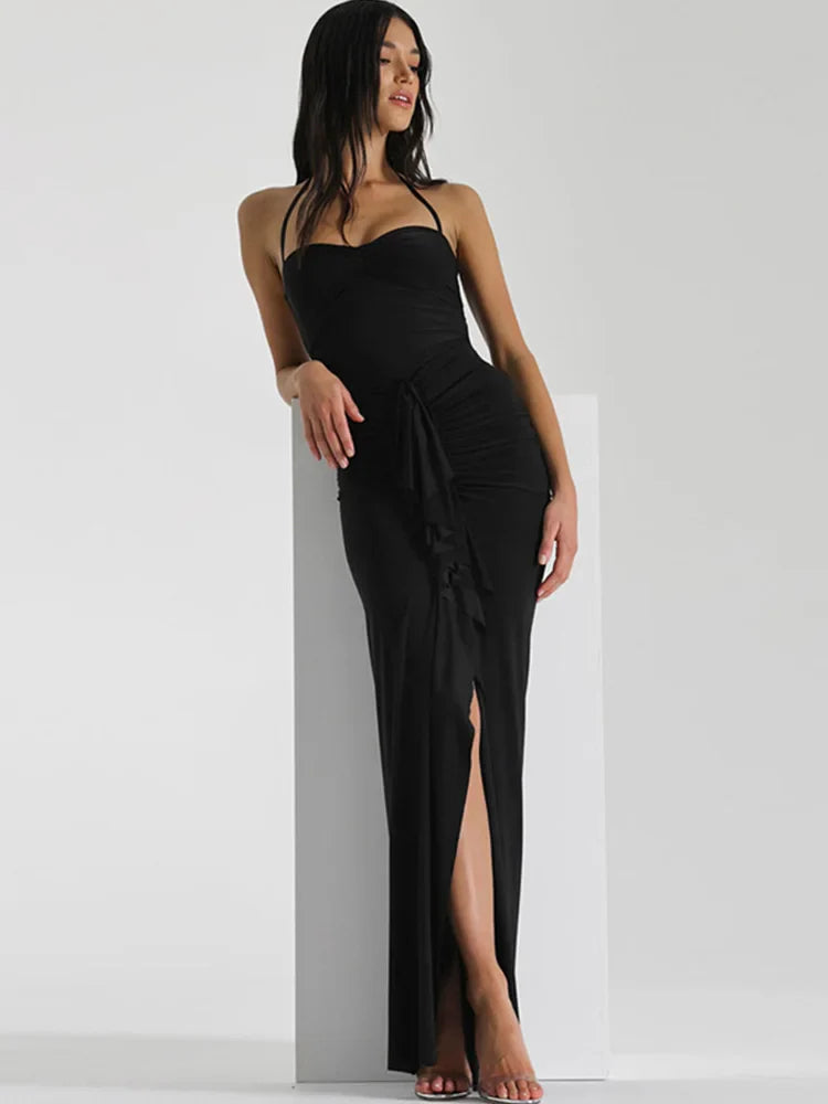 Anahi Ruched Halter Slit Maxi Dress